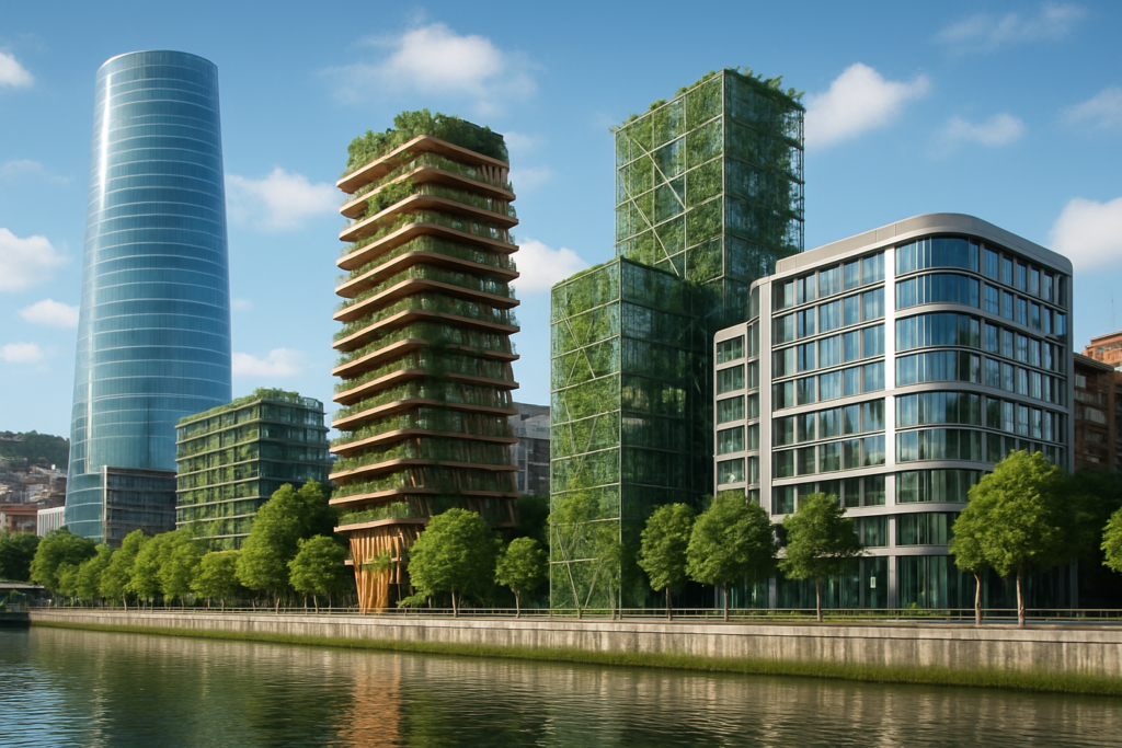 Vista del skyline de Bilbao con edificios sostenibles y modernos.